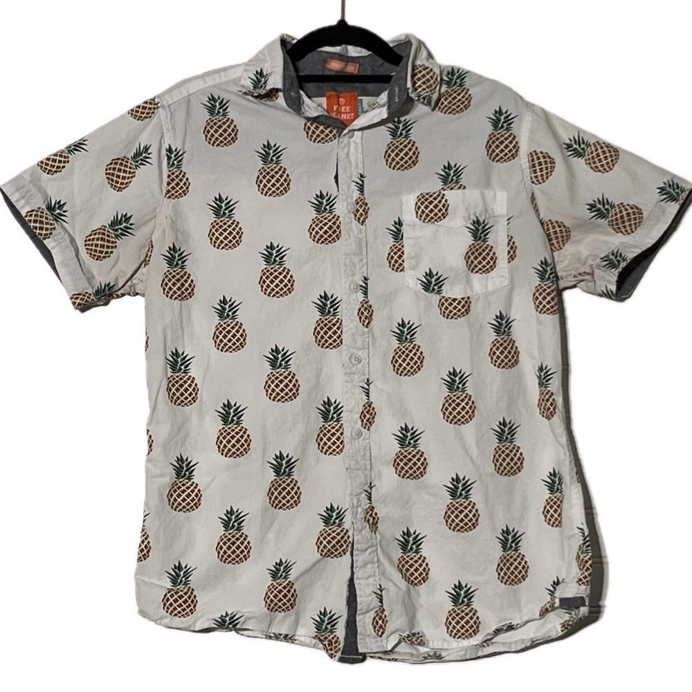 Whimsical Free Planet Pineapple 100% Cotton Button Up Shirt sz S - Picture 2 of 7